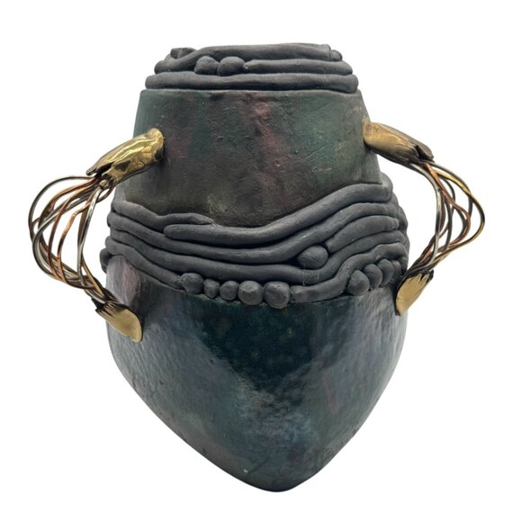 OOAK Raku Pottery Brass Art Vase Belly Dancer Series by Martha Prentiss 10"x8.5" - Picture 2 of 7